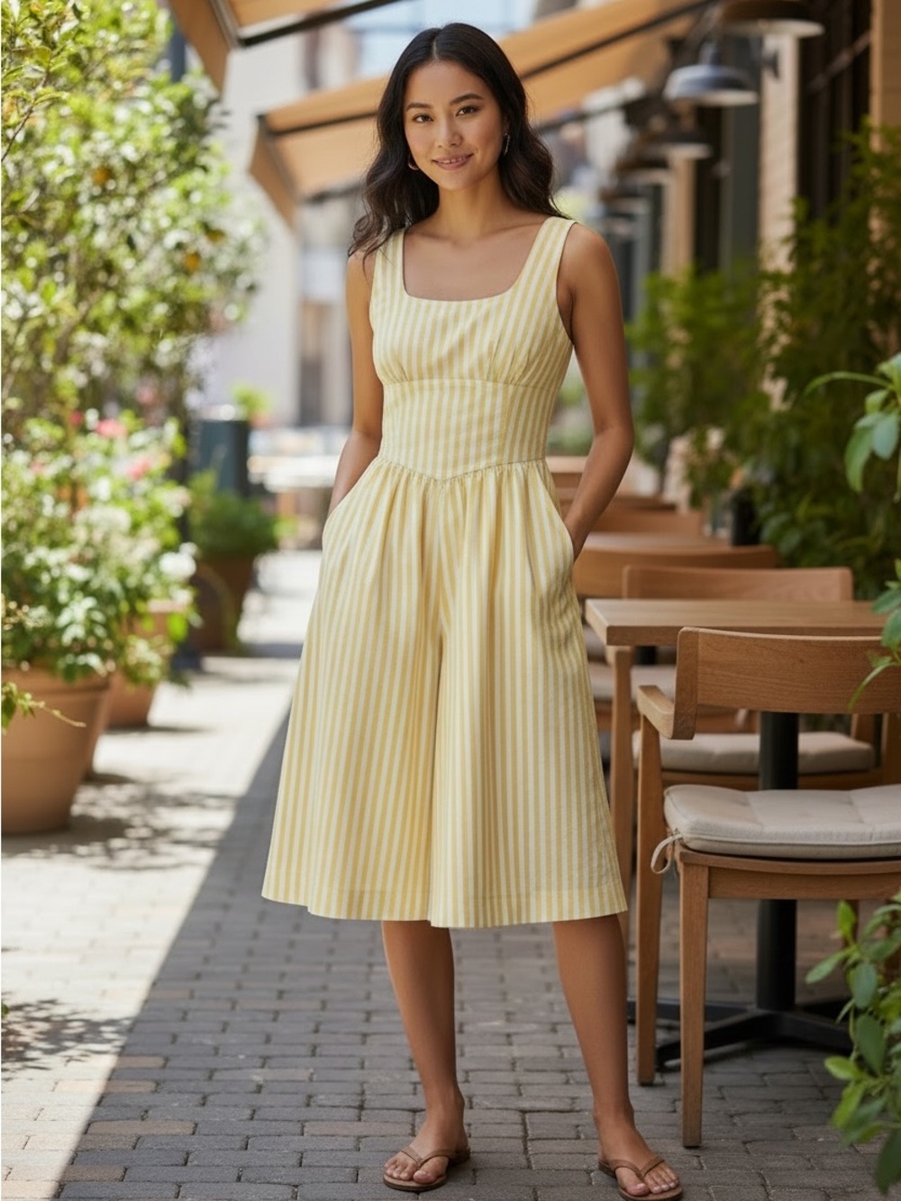 Maeve By Anthropologie Cotton Sleeveless Romper Yellow White Stripes Size 14